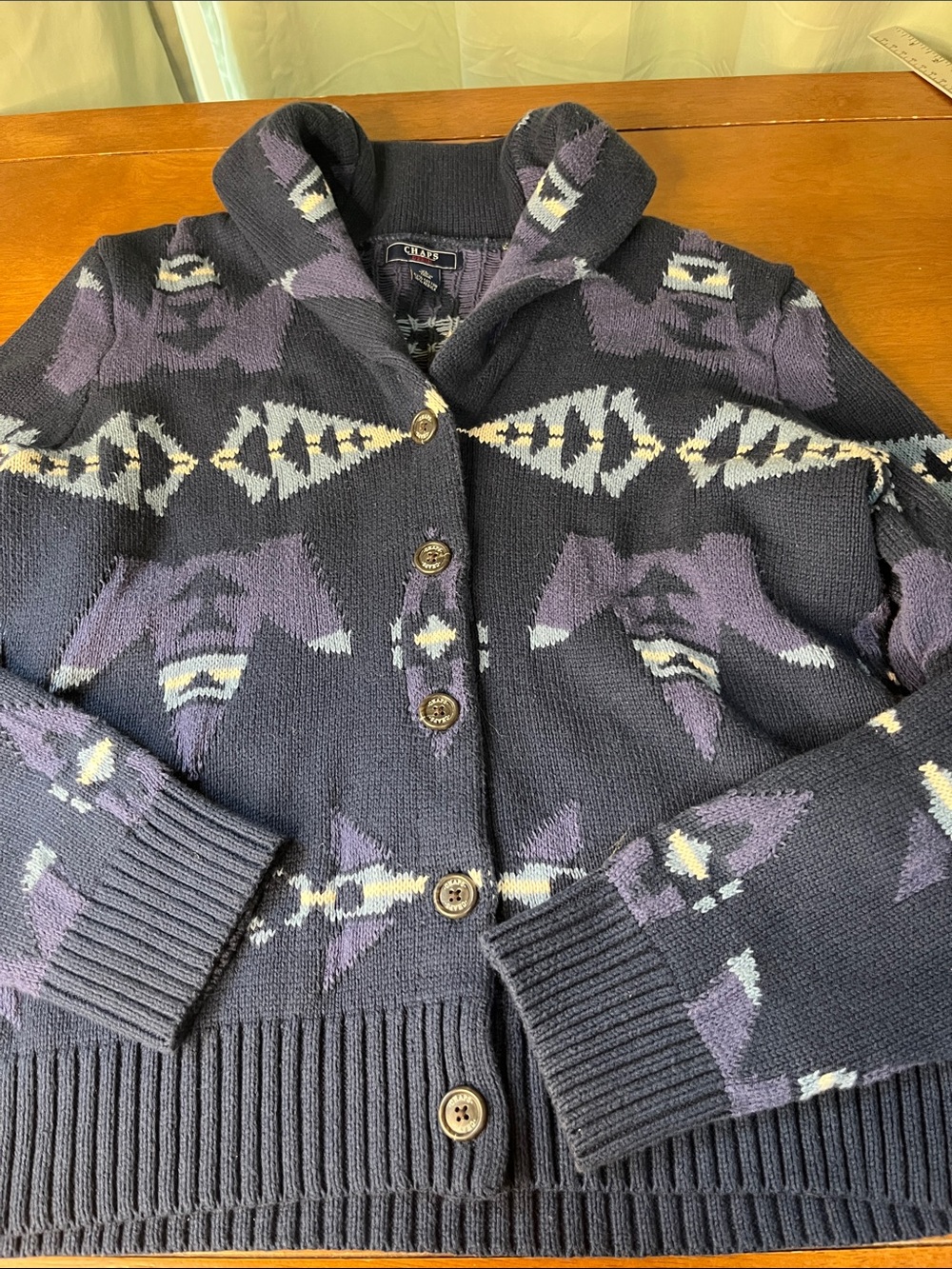 Chaps Navy and Light Blue  Geometric Shawl Collar Cardigan XL